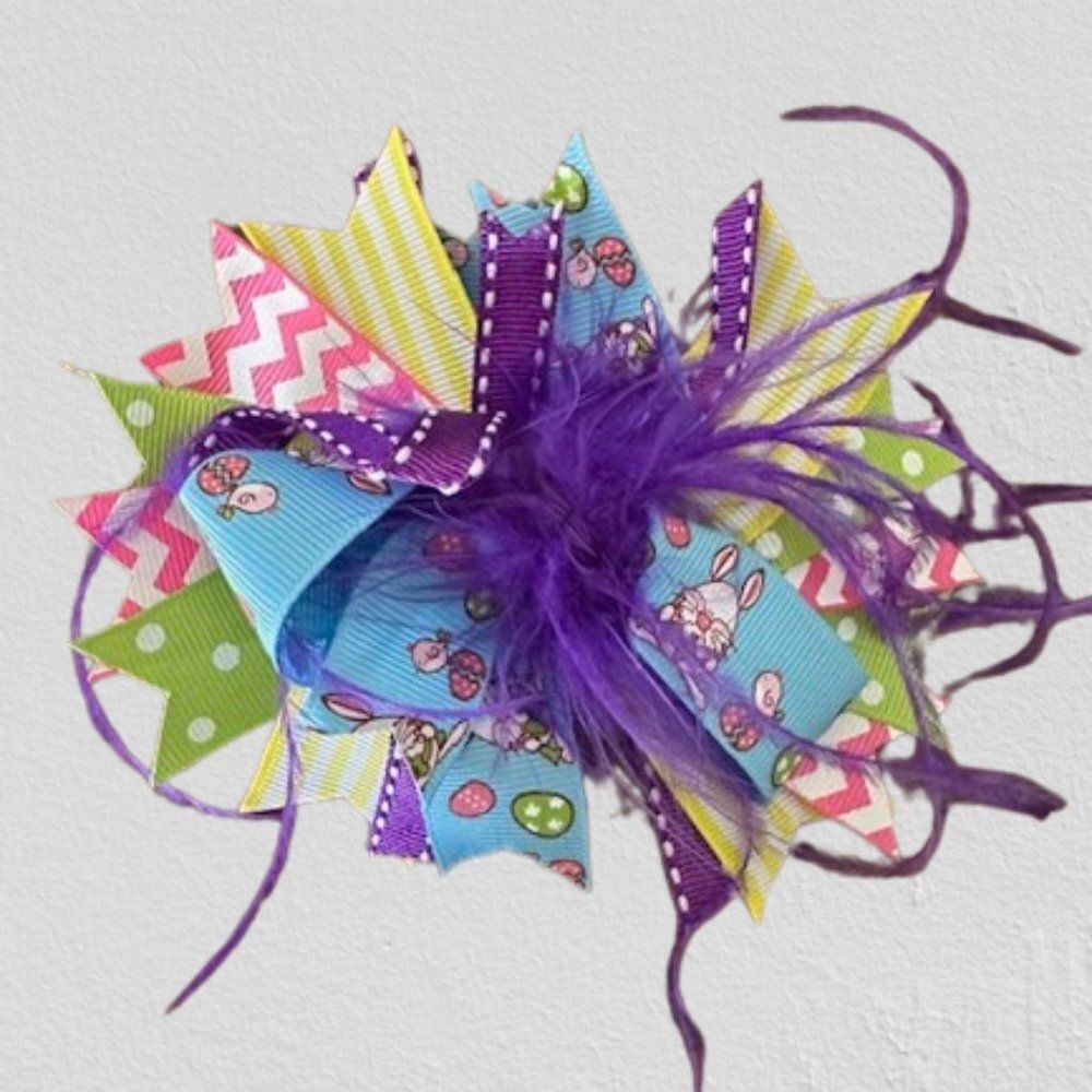 Blue & Purple Easter Feather Deluxe Bow 5B4525 Handmade Boutique